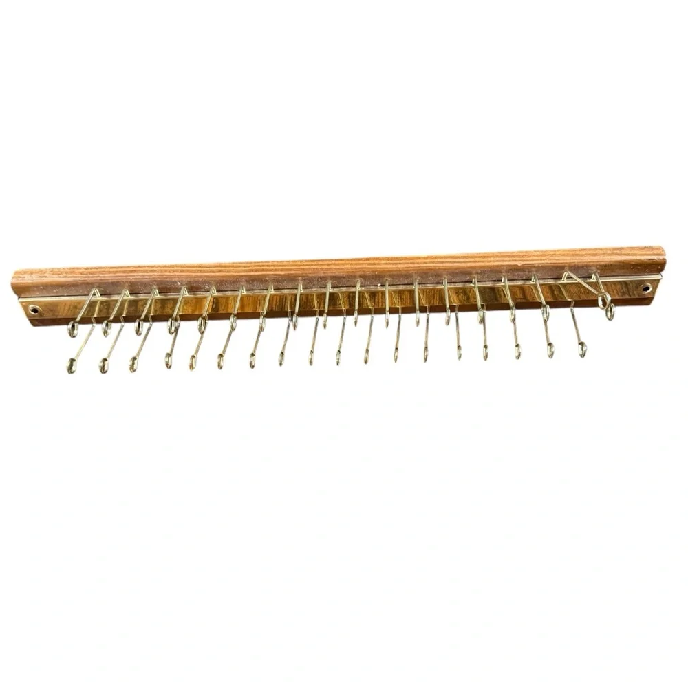 Vintage 36 Hook Wall/Door Mounted Tie Rack Mid Century Retro Wood Brass Colored